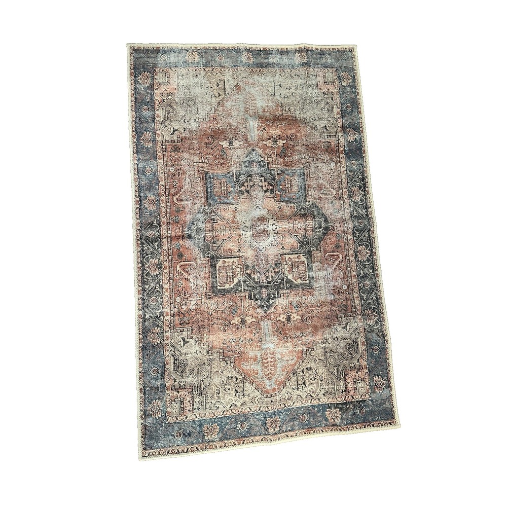 Machine Washable Rug 3'X5' Adiva Milano MLN17 Blue Orange Cream Faded-Look
